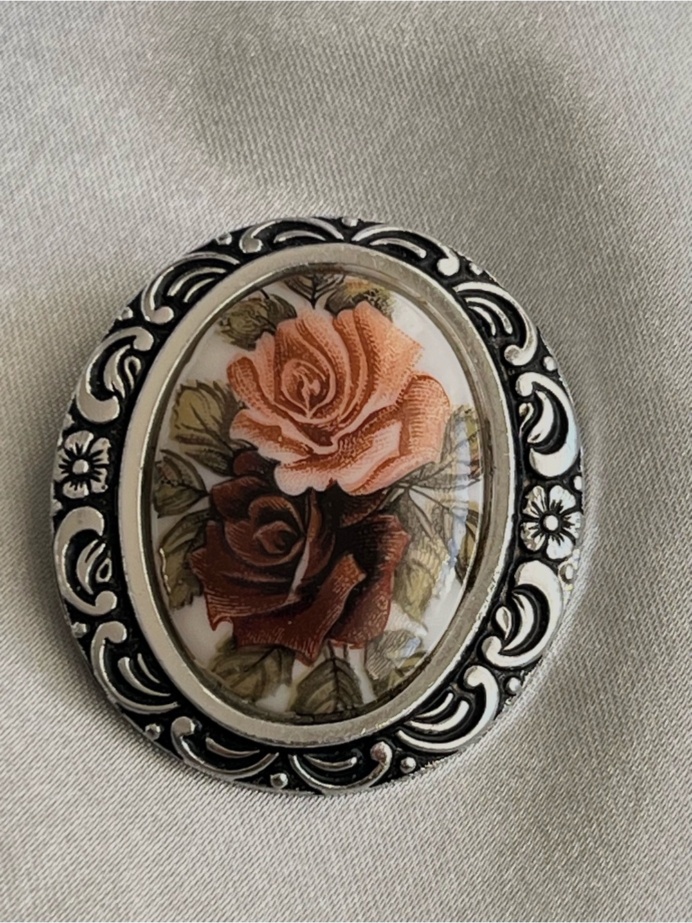 Vintage Western Germany Signed Double Rose Brooch Scarf Clip Silver Tone